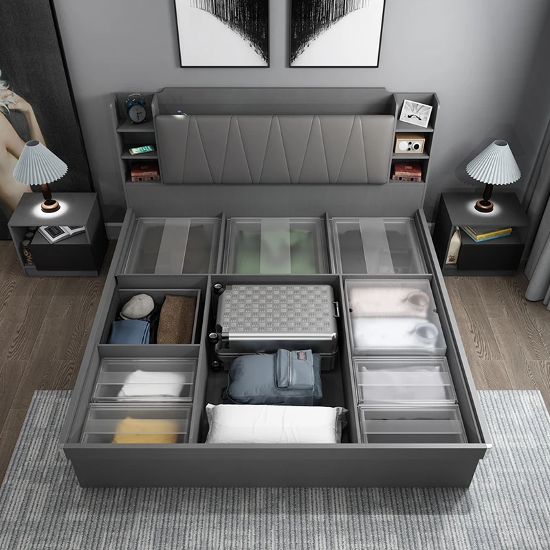Современный дизайн, деревянная кровать большого размера, комплект мебели для спальни, деревянные кровати со светодиодной подсветкой, ящик для хранения, кровати (1600108535039)