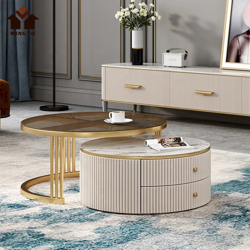 French Style Glass Coffee Table with Gold Frame Modern Innovative Home Goods Metal Frame Leisure Facilities with 2 Drawers