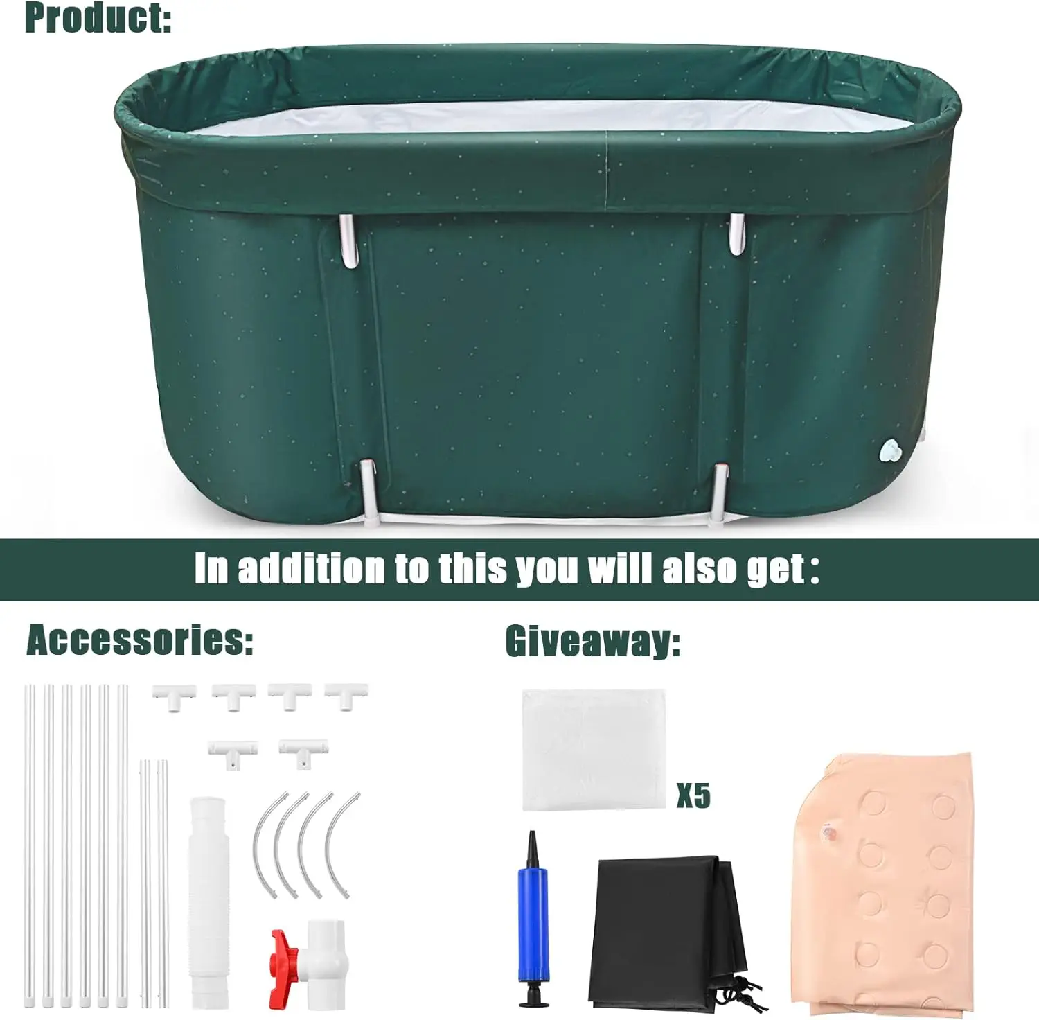 Portable Bathtub Foldable Tub for Adults Bath Tub with Backrest Suitable for Ice or Hot Bath