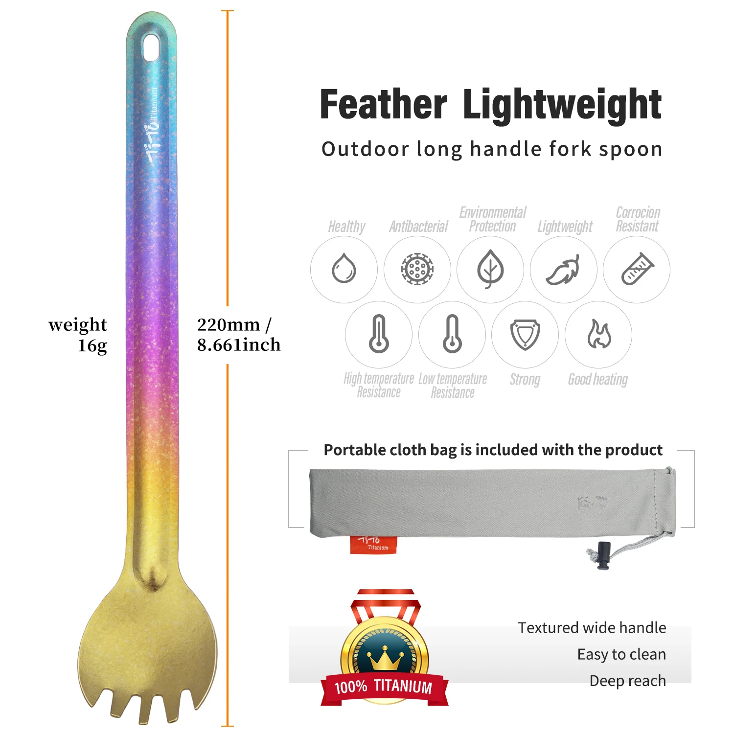 TiTo  Ultralight Portable Camping Pure Titanium Long Handle Spoon Spork Rainbow Color Tableware