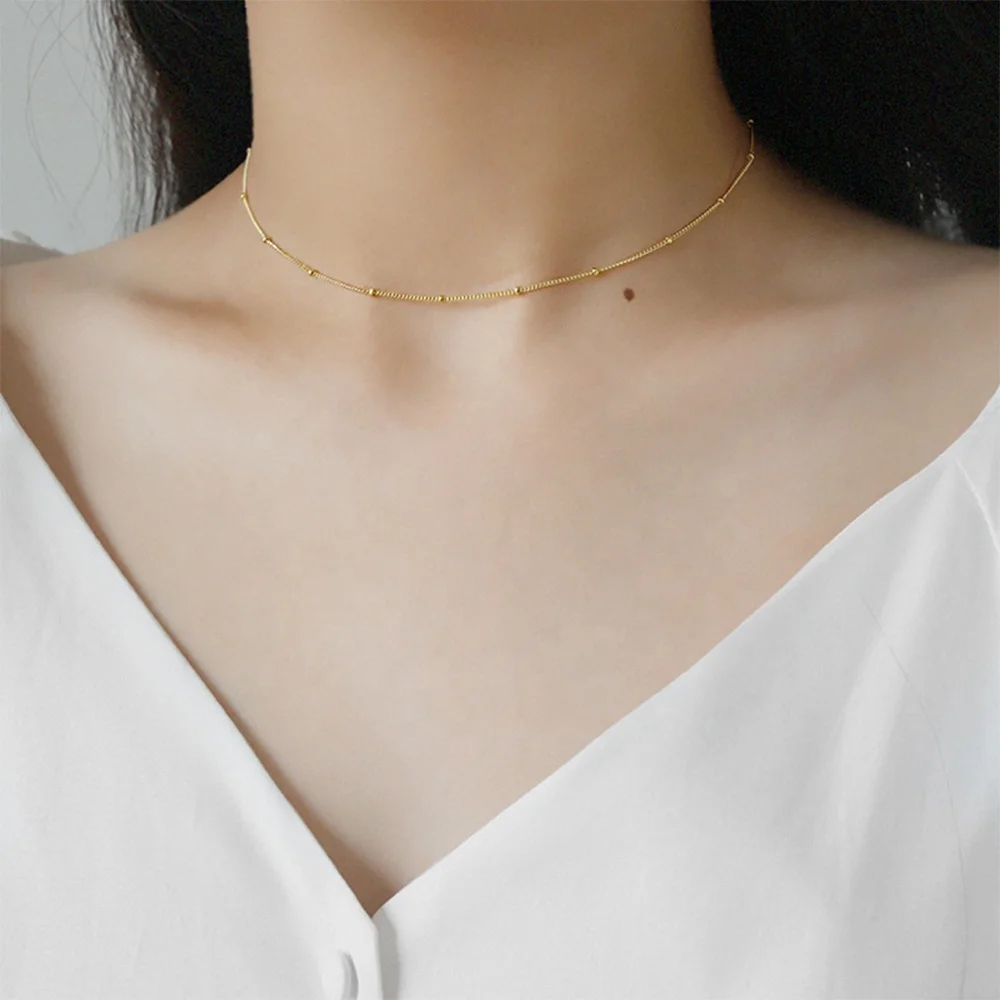 Minimalist S925 Sterling Silver Choker Necklace Jewelry 18K PVD White Gold Plated Bead Chain Necklace