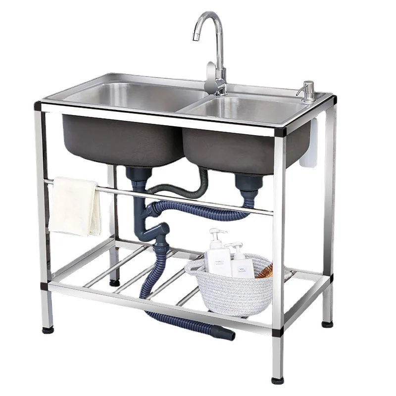 Outdoor Portable Stainless Steel Sink Kitchen Water Stand Sink With Rack Single And Double Dish Washing Modern Sink