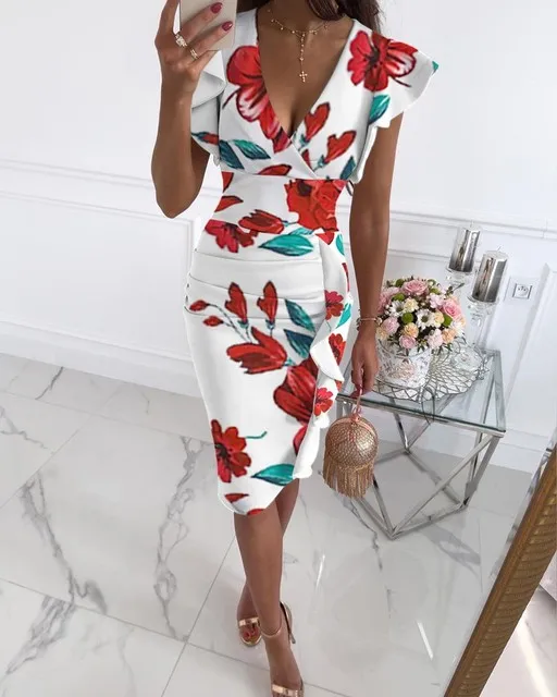 Sexy V-Neck Slim Office Lady Dress Ruffle Short Sleeve Bodycon Knee-length Dresses For Women 2024 Casual Summer Woman Work Dress