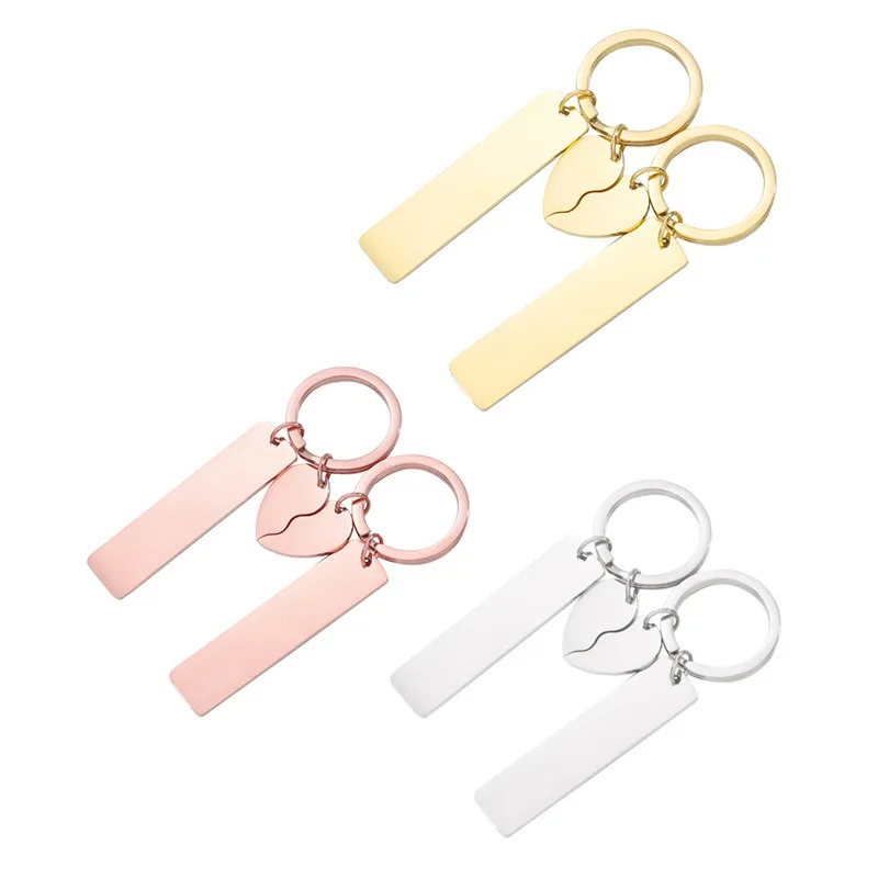 LANCUI Couple Keychain Stainless Steel Personal Lover Gift Mirror Polished Engraving Keyring Bar and Heart Charm
