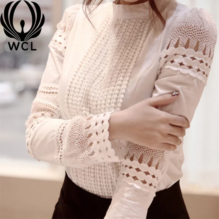 Breathable Slim-fit Cotton Hook Flower Casual Elegant Long-sleeved White Bottoming Blouses Hollow Lace Shirt