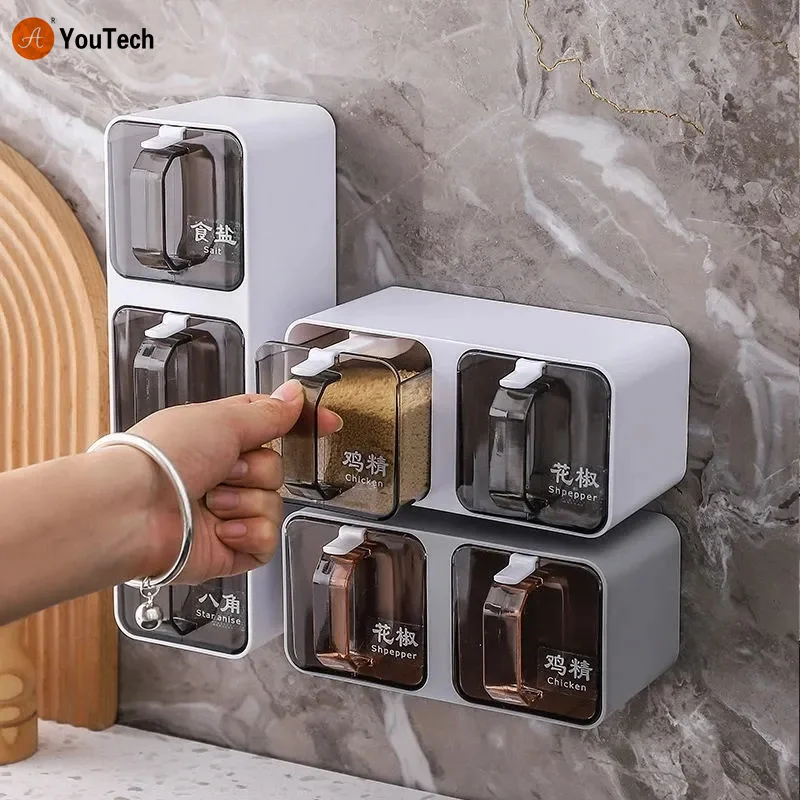 Kitchen Wall Mounted Seasoning Box Punch-free Spice Rack Storage Organizer Sugar Salt Shaker Container Jar Kitchen Supplies