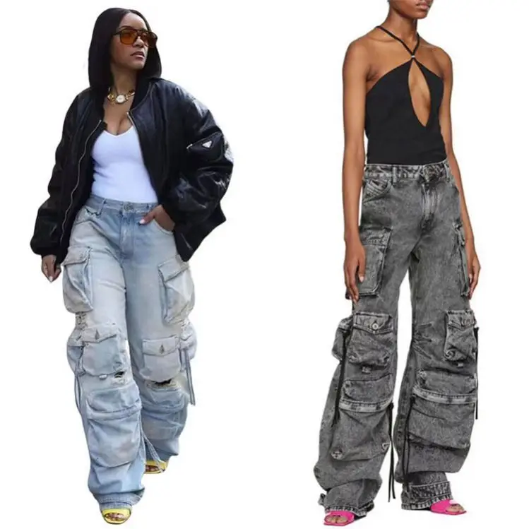 Custom Fashion Vintage Elastic Band Oversized Wear Wide Pockets Leg High Low Waist Pants Straight Women Trousers Jeans