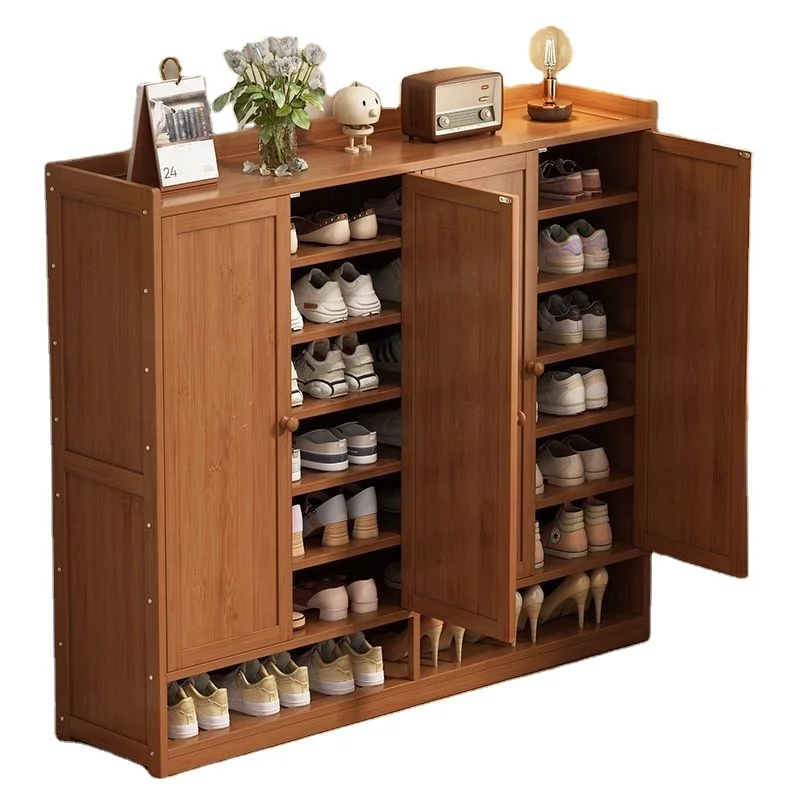 Natural shoe cabinet with PE rattan decorative door, solid wood feet for hallway entrance living room