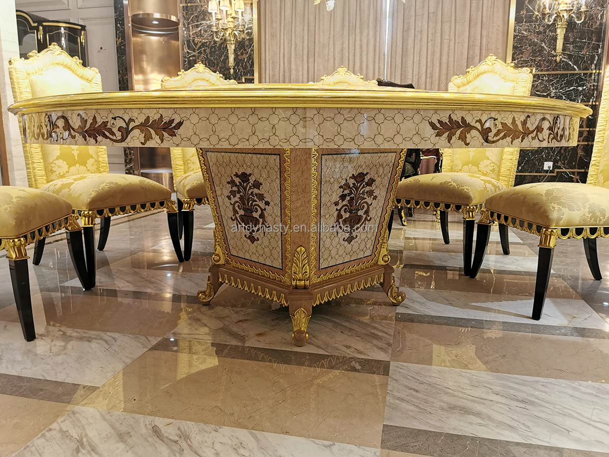 Classical Style Round Table Dinner Desk for Hotel Carved Gilded Brass Mother of Pearl Inlay Luxurious Wooden for Restaurant 1 PC