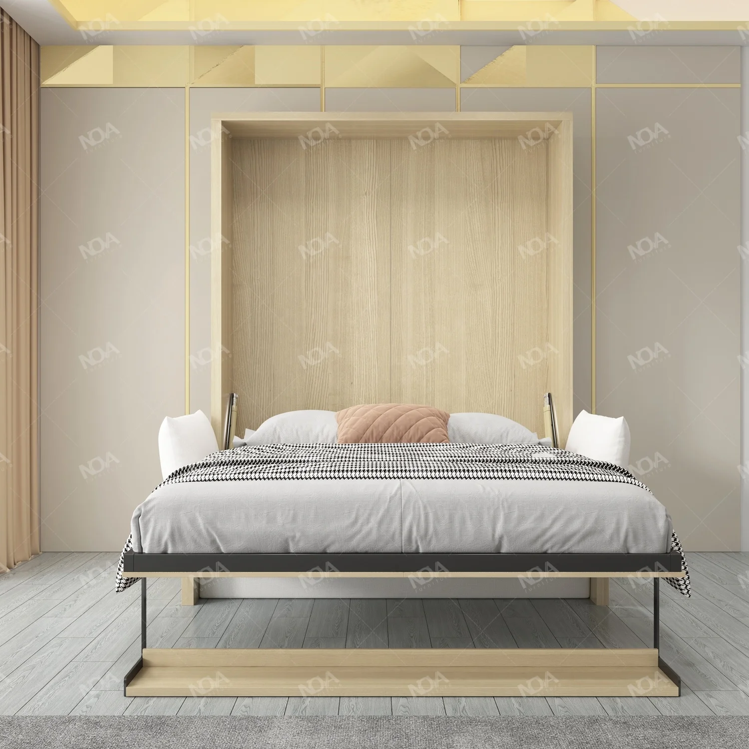 NOVA Portable Space Saving Murphy Wall Bed Folding Bedroom Furniture Natural Color Queen Wall Melamine Bed Frames With Sofa Set