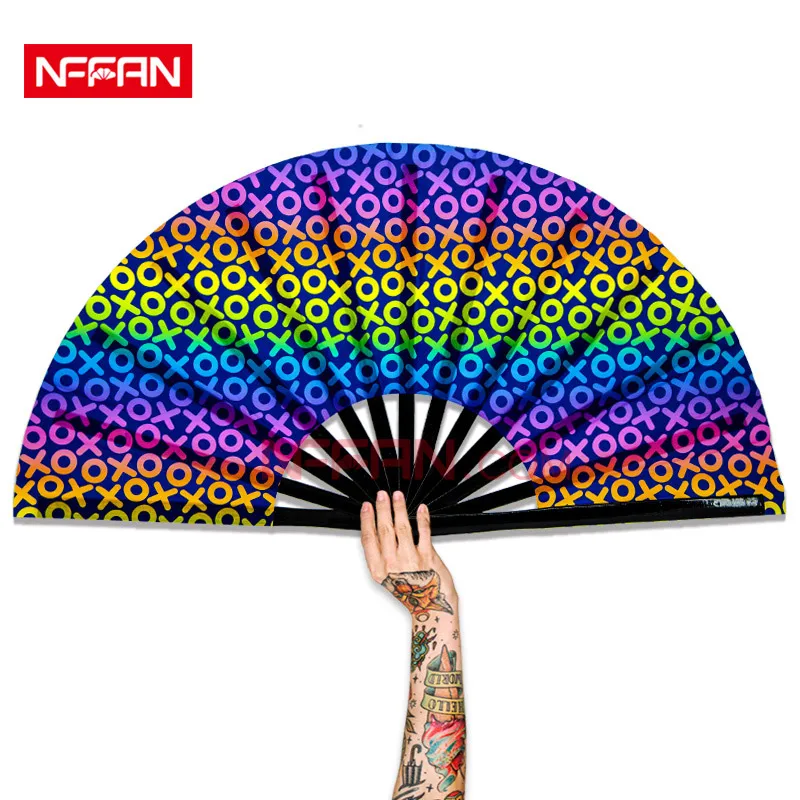 Custom Printed UV Reflective Big Party Freaky Rave Bamboo Fabric Hand Fan Handheld Folding Clack Dance Fan