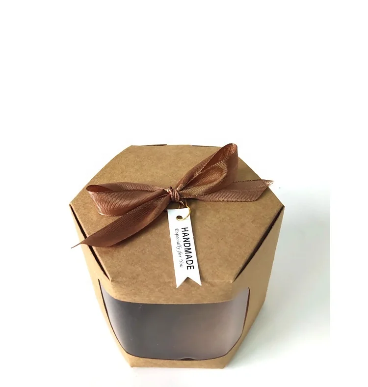 Kraft Packaging With Clear Window Customized Brown Kraft Paper Dessert Box Ribbon Handle Hexagon Polygon Box