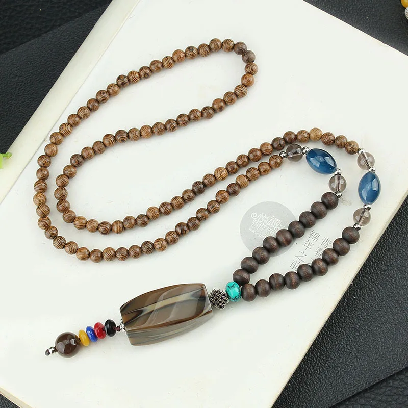 New Vintage Nepal Long Buddhist Mala Wood Beaded Pendant & Necklace Ethnic Bohemian Boho Buddha Lucky Jewelry for Women Men