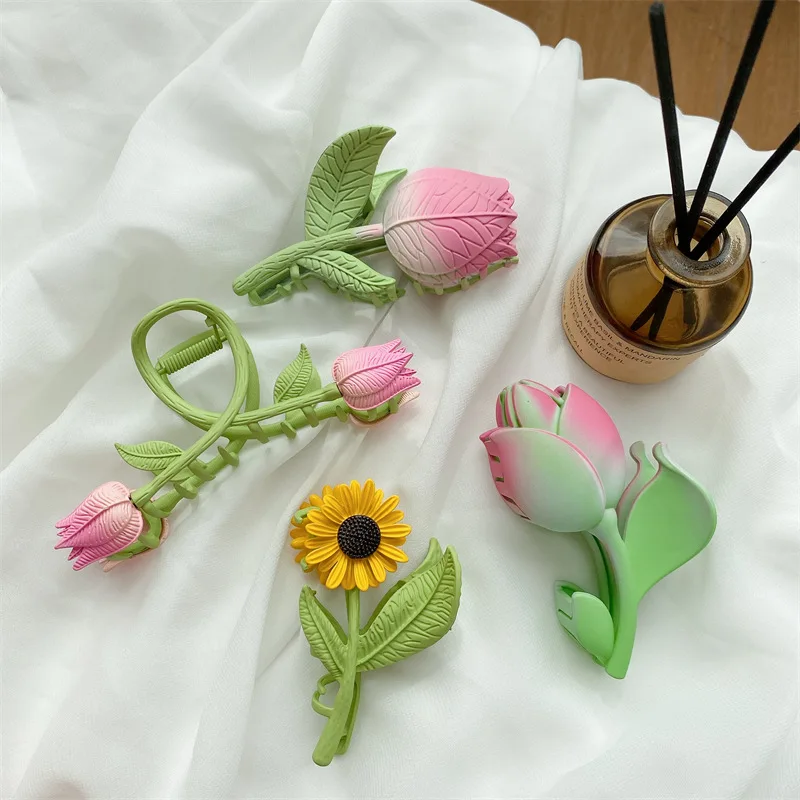 DOWELL Romantic tulip sunflower clip hairpin grab clip female niche design flower metal claw hair clips