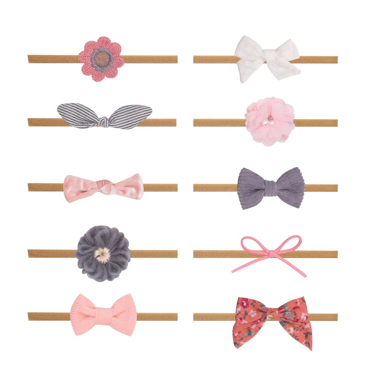 Baby Girl Headbands and Bows, Newborn Infant Toddler Nylon Hairbands Mixed Set of 10