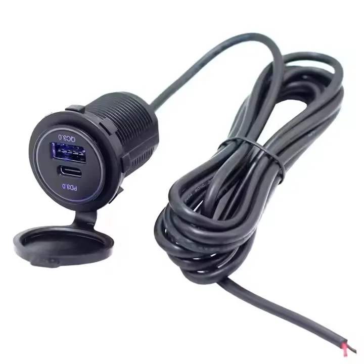 12V-24V Install Usb Port In Car Fast Charging Usb C Pd 12V QC3.0 And Type C Pd Dc Dual Usb Power Socket Outlet With 22AWG cable