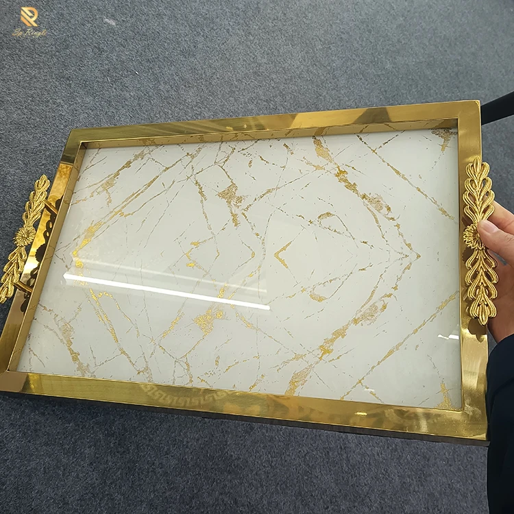 Springletile brand white gold texture tray luxury golden frame design living room interior decorative table tea storage trays