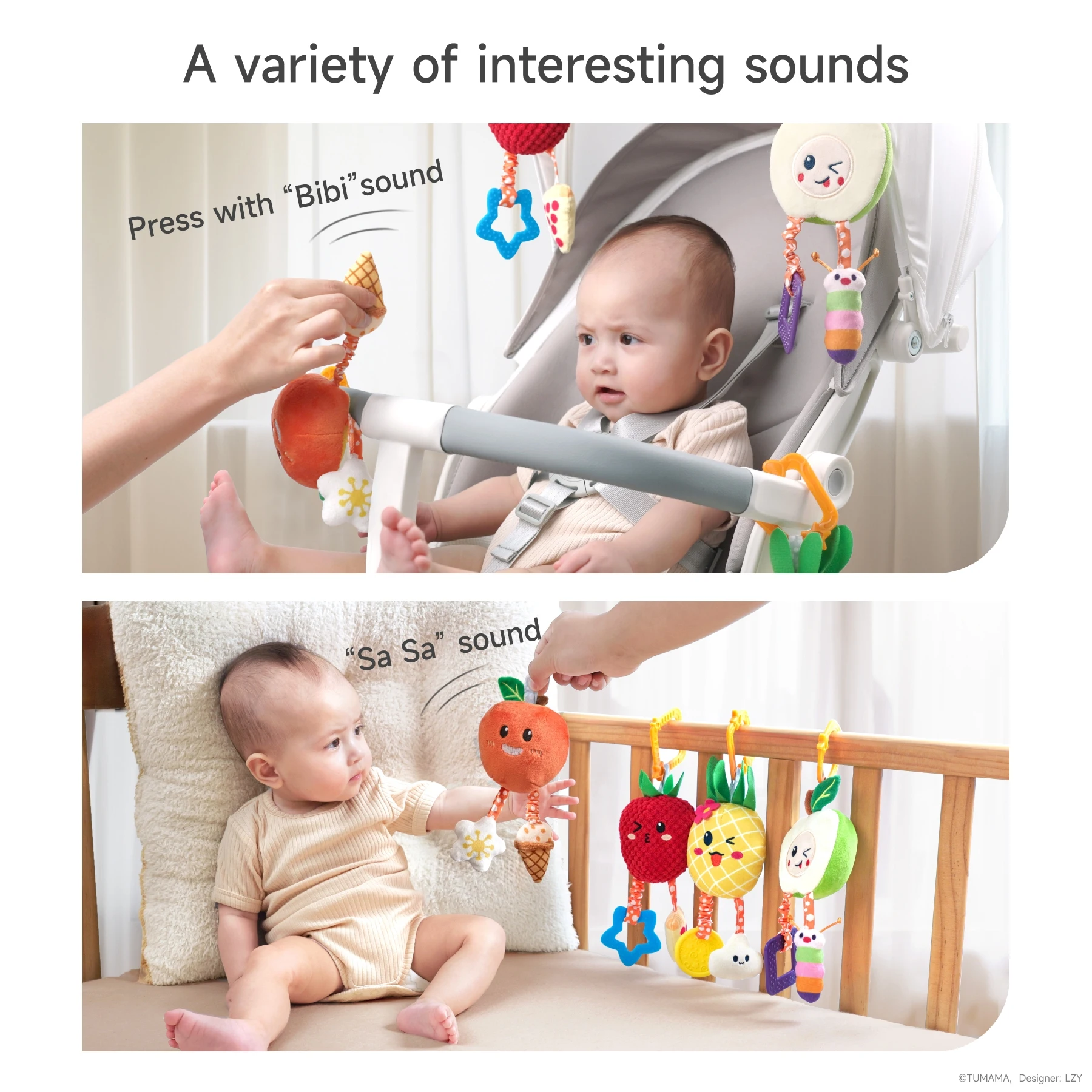 Tumama Kids Soft Fruit Hanging Rattle Set Baby Crib&Stroller Toys With Teether Stuffed Car Seat Hanging Baby Toys