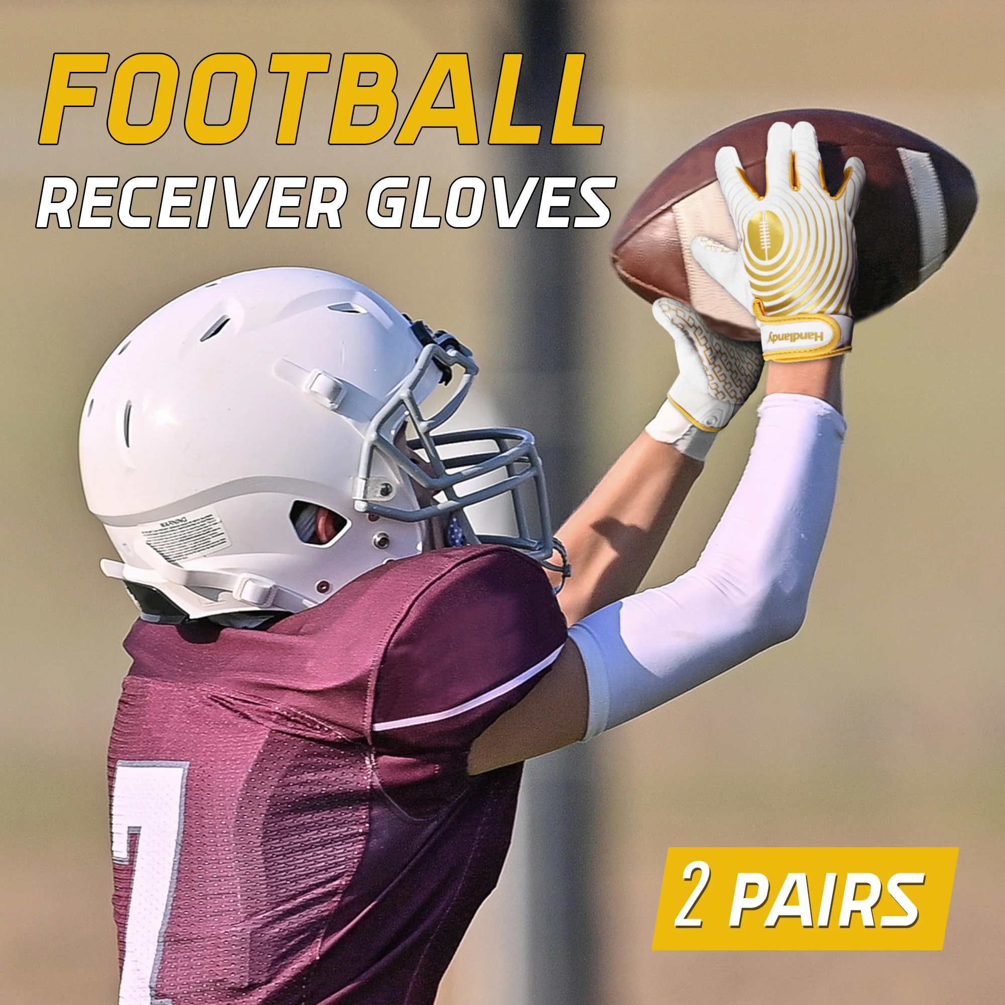 HANDLANDY brand stock wholesale golden Synthetic Leather silicone coating great grip Anti-slip kids American football gloves