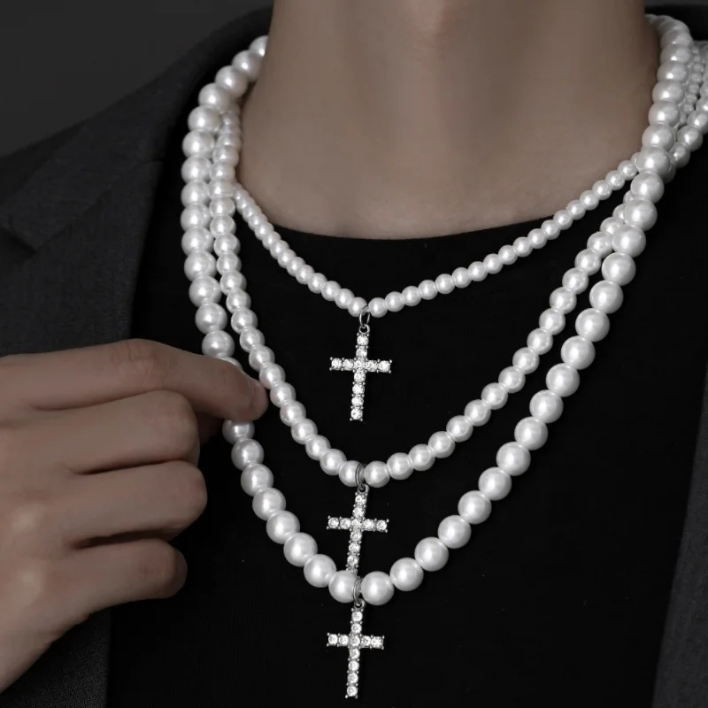 Factory wholesale hip hop 6MM 8MM 10MM glass pearl chain with stainless steel cross pendant necklace