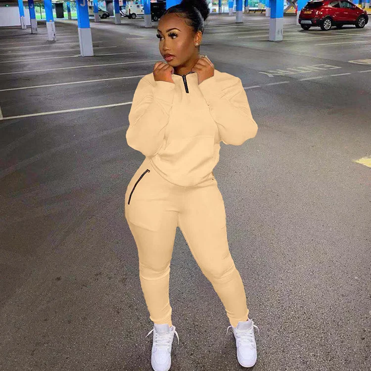 Custom Fall Winter Zip Stand Collar Sweatshirt Two Piece Set Solid Casual Outfits Pockets Pants Sweat Suit Tracksuits For Women