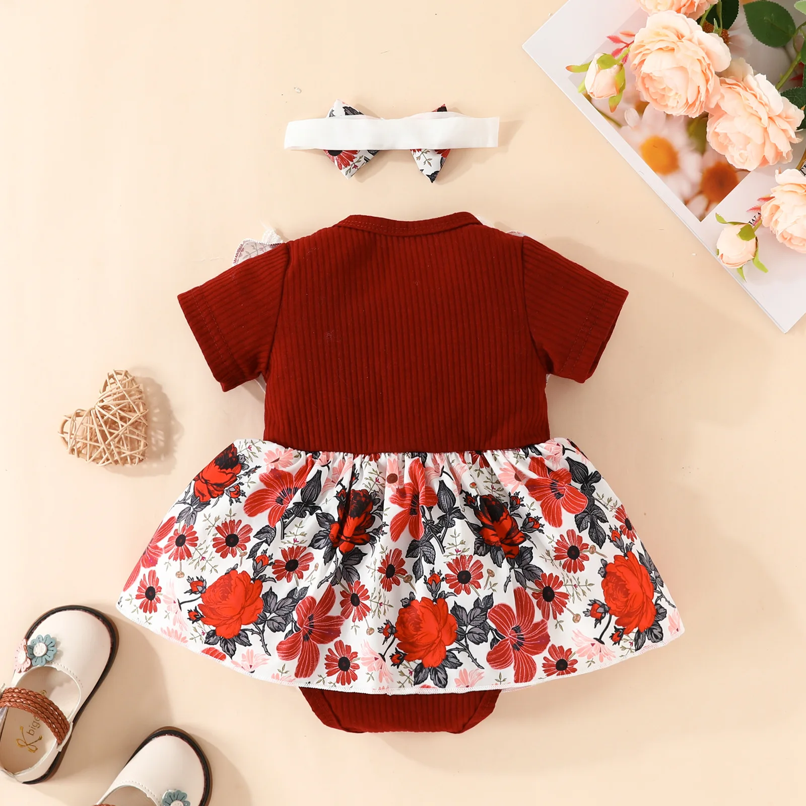 new born baby gift set cotton babies clothings Bowknot Headband Donut Print Cotton Floral Baby Romper For Photo Shoots BRDR-002