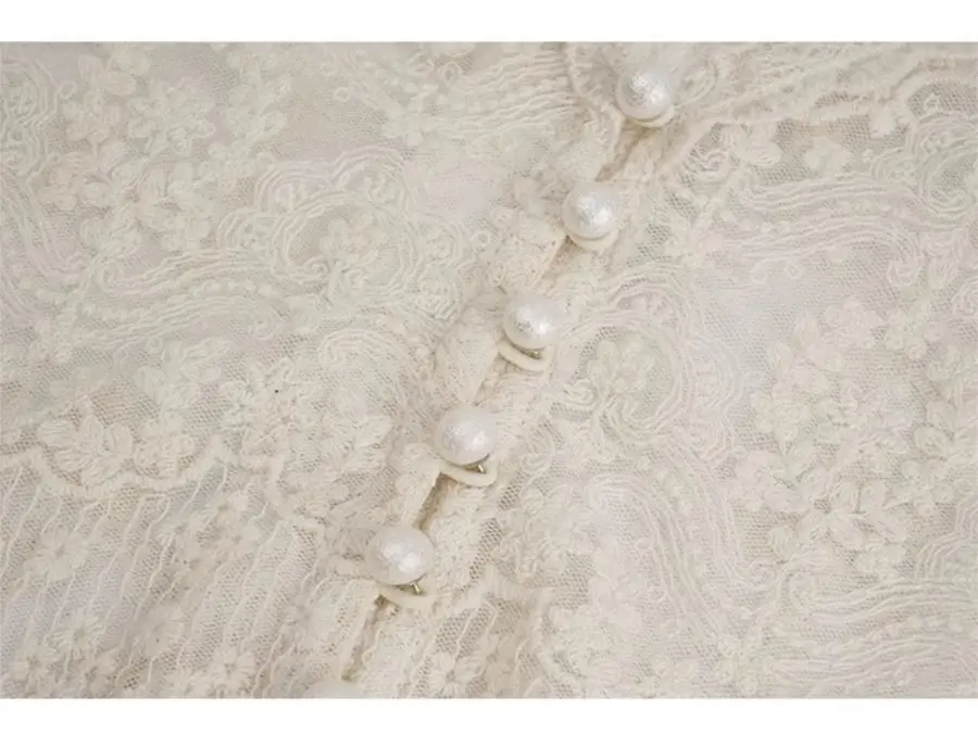 Beige Color V Neck Lace Flare Sleeve Embroidery Casual Trendy Tops For Women V-neck Vintage Hollowed Out Pearl Buckle Shirt