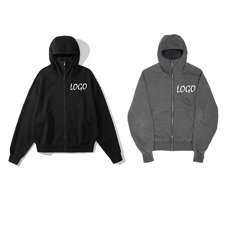 High Street Mens Ninja Hoodies Custom Logo Acid Wash Zip Up Blank Oversized Hoodie