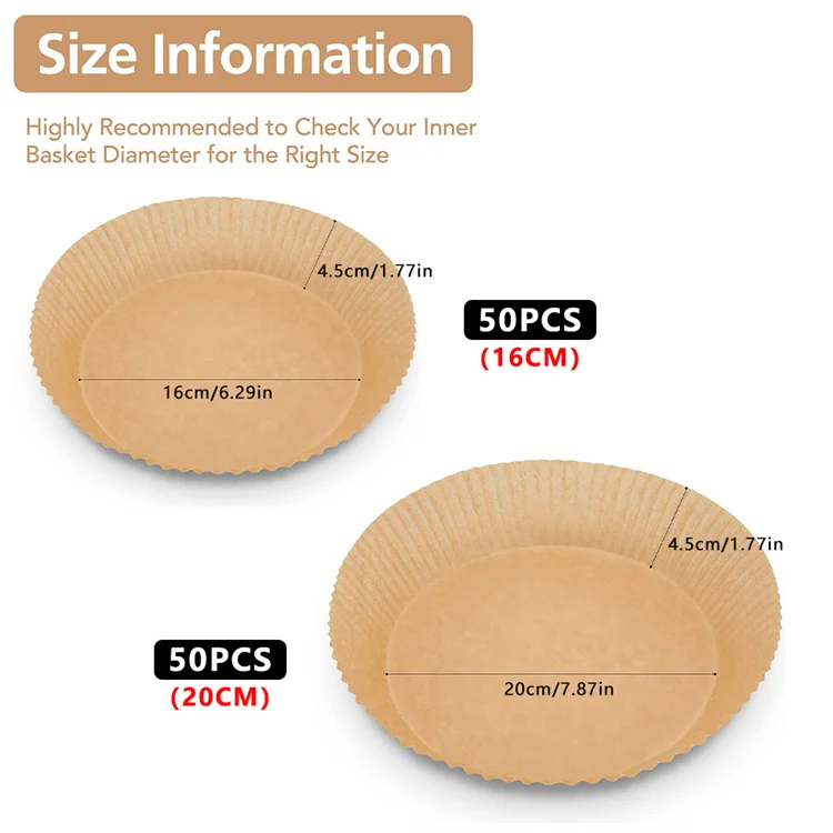 50PCS Air Fryer Parchment Paper Liner 16cm 20cm Non-Stick Disposable Paper Tray Basket Round for Oven Baking Microwave Roasting