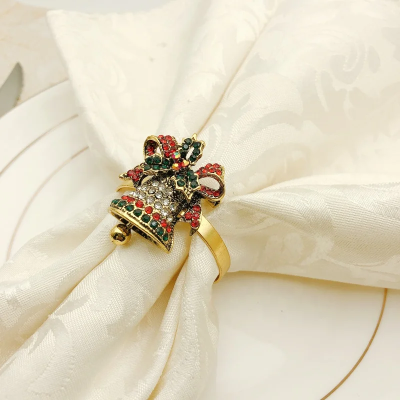 Christmas Jingle Bell Napkin Rings Gold Metal Napkin Ring Holder Rose Flower Napkin Buckle for Christmas HWC18