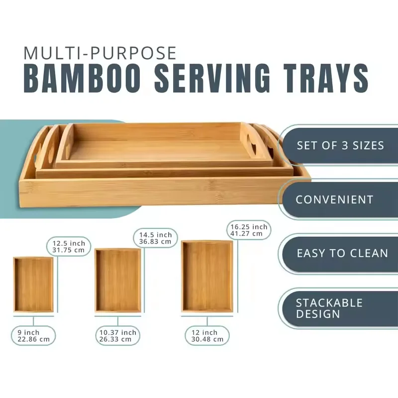 Modern 3 Gifts Tray Bamboo Serving Tray Set Entertaining Serving Platter Tray for Party with Handle