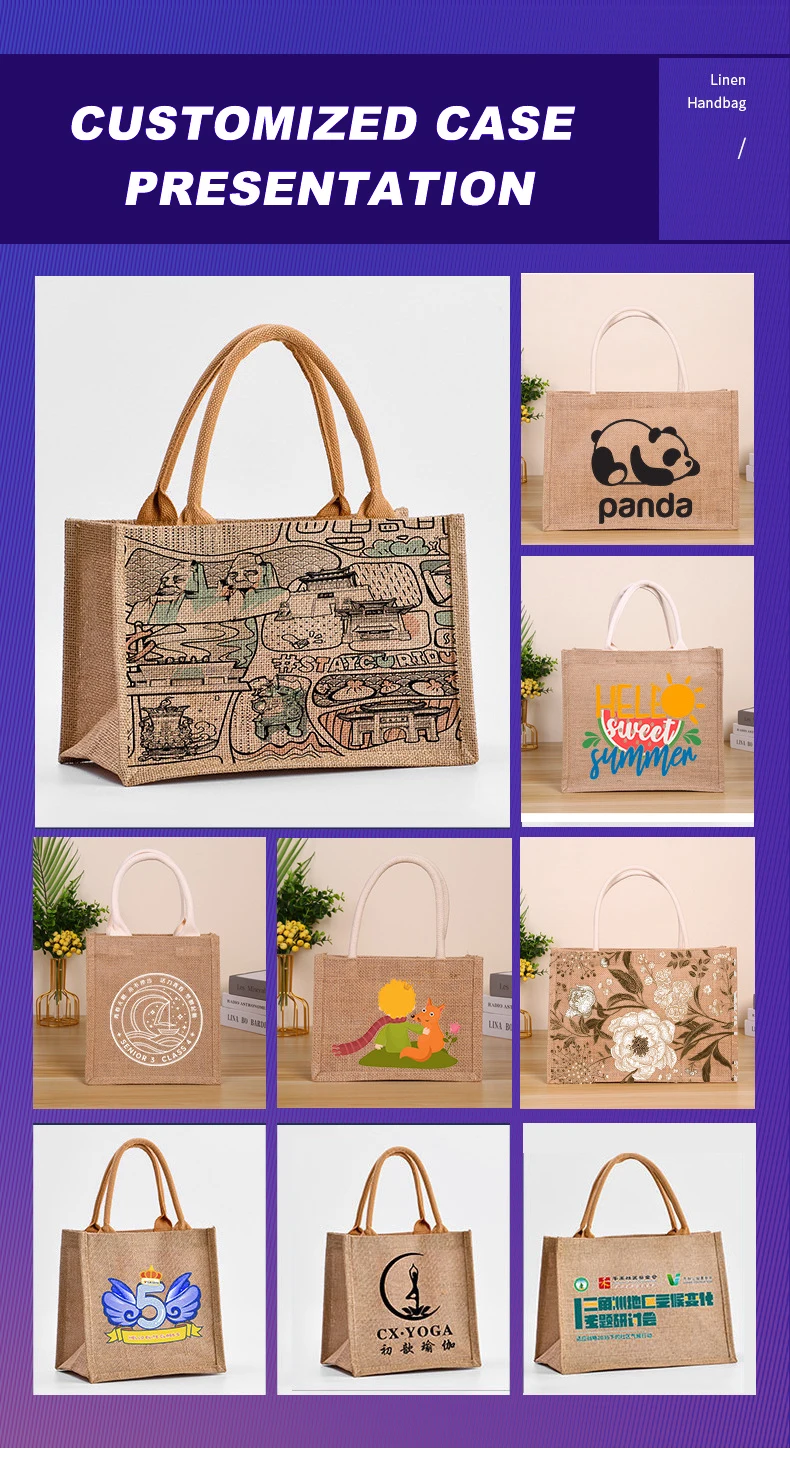 Non Printed Linen Bag With Hand Gift Linen Handbag Jute Tote Shopping Promotional Beach Bags Custom Logo