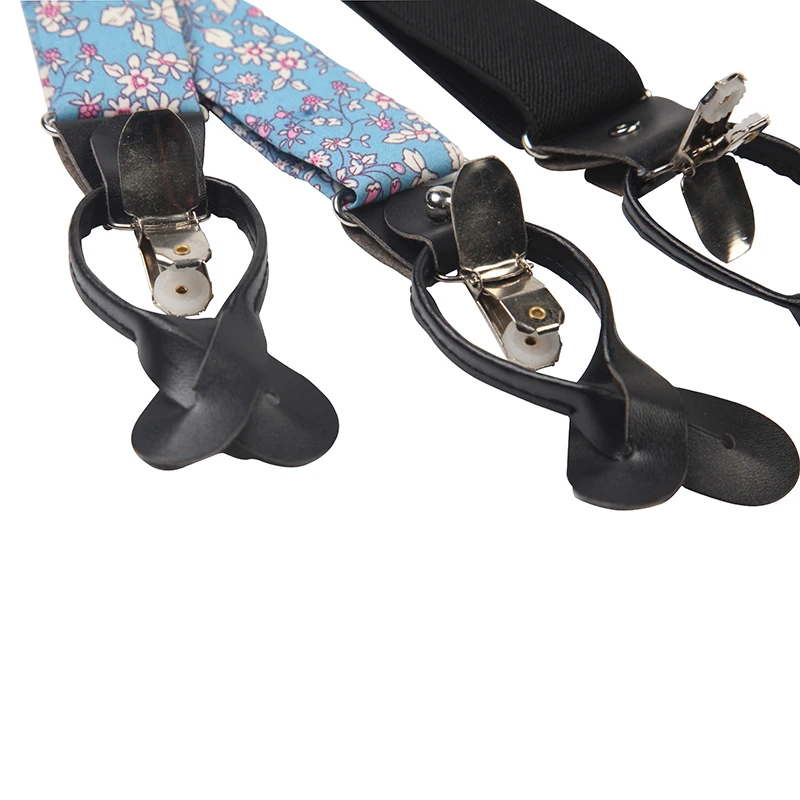wholesale custom blue white pink floral print cotton men`s suspenders with pu earring
