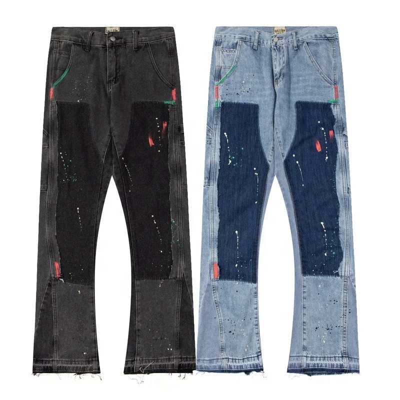 Original Casual Male Stacked Flare Paint Patchwork Design Y2k Rock Revival Jeans Men