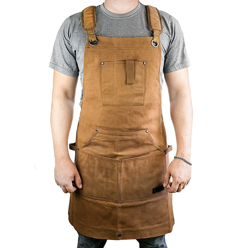 Custom Brown Heavy Duty waxed canvas Adjustable Workshop Cooking BBQ Grill Apron for Men
