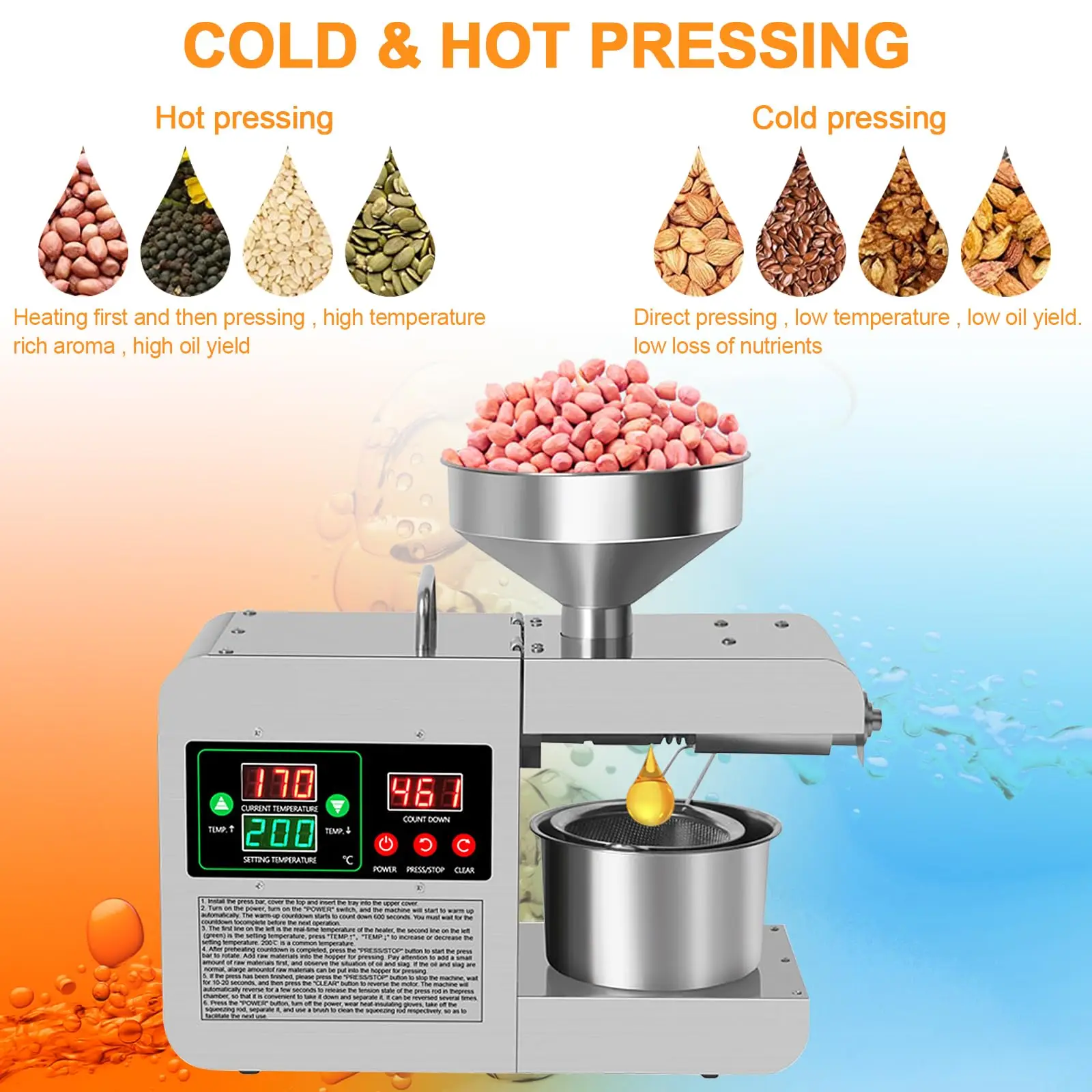 Electric Oil Press Machine 820W Automatic Oil Press Household Commercial Grade Stainless Steel Oil Press Machine