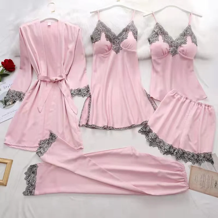 High Quality Sling Robe Silk 5 Piece Pajama Lace Satin Sexy Pajamas For Women Plus Size Dress Set