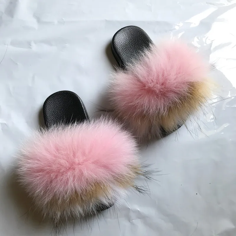 
Manufactured high quality kids raccoon slippers cute baby fur slides 