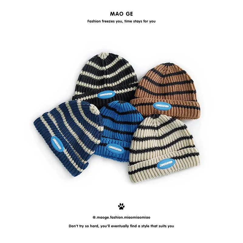 Cat brother children striped hat new knitting belt blue label colored pullover dome casual fashion street wool hat