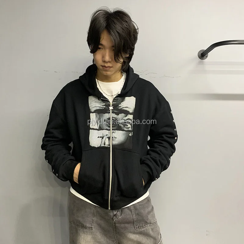 Double Layer Metal Rivet Long Sleeve Boxy Hoodie Heavyweight Cotton Custom Print Streetwear French Terry Zipper Hoddies