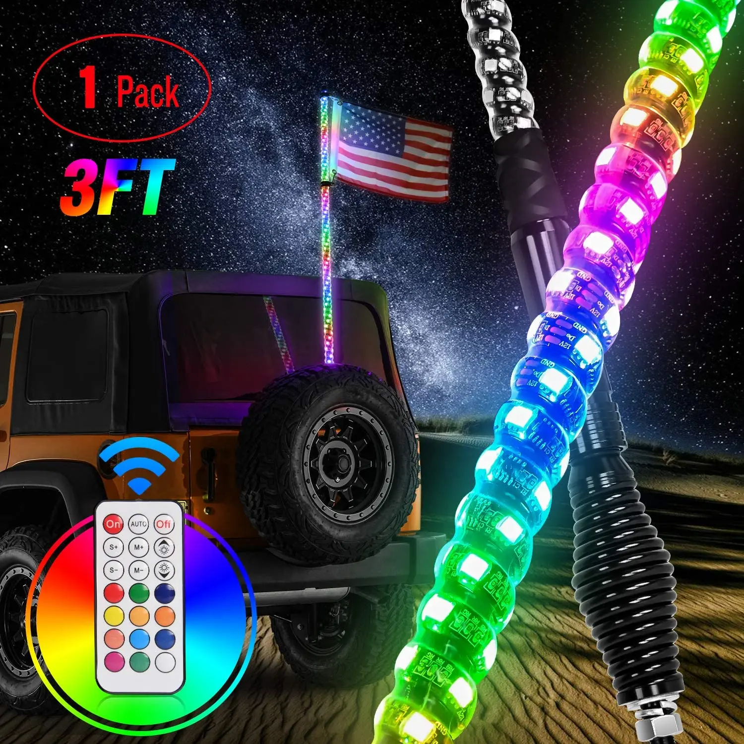 Hot Selling Wireless Remote Control 2PCS RGB UTV LED Whip Lights Antenna 5ft 4ft 3ft With Spiral Base for CAN-AM Polaris RZR