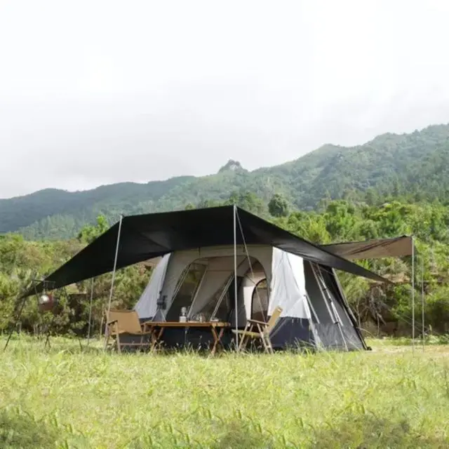 high quality Outdoor Automatic Aluminum Waterproof black coated 2 room 1 Living Room Big Family Camping Tent for 8 10 12 Person