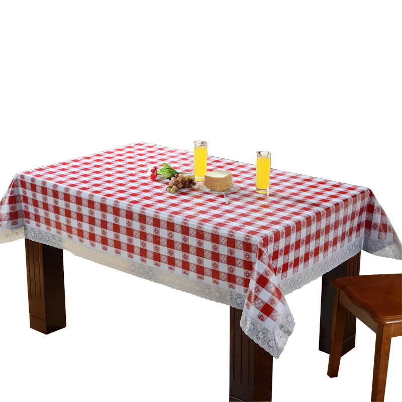 
Tablecloth Wipeable Printed 45gsm Flannel Square Red Plaid Design PVC Table Linen with 3 inch Lace Edge 