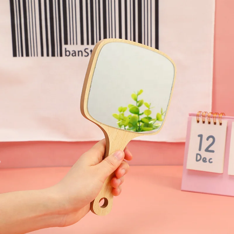 New Animal Shape Makeup Mirror Wood Handle Cosmetic Hand Pocket Mirror High Clear Glass Cat Dog Bear Ear Mirror