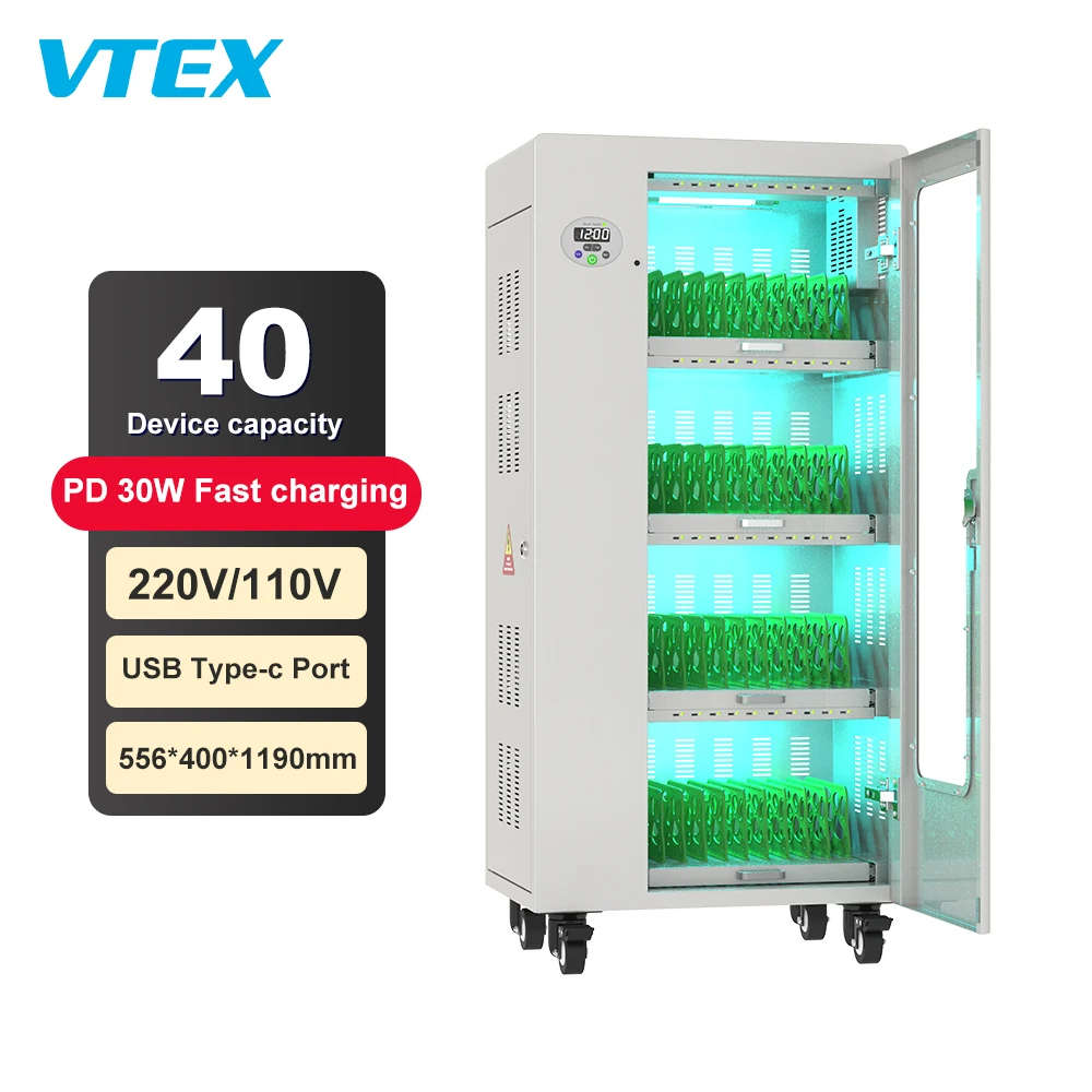 Quick Pd Fast Charging Cabinet 40 Units USB Type C Aluminum Alloy Laptop Tablet PC Pad Storage Charging Station Cart Trolley