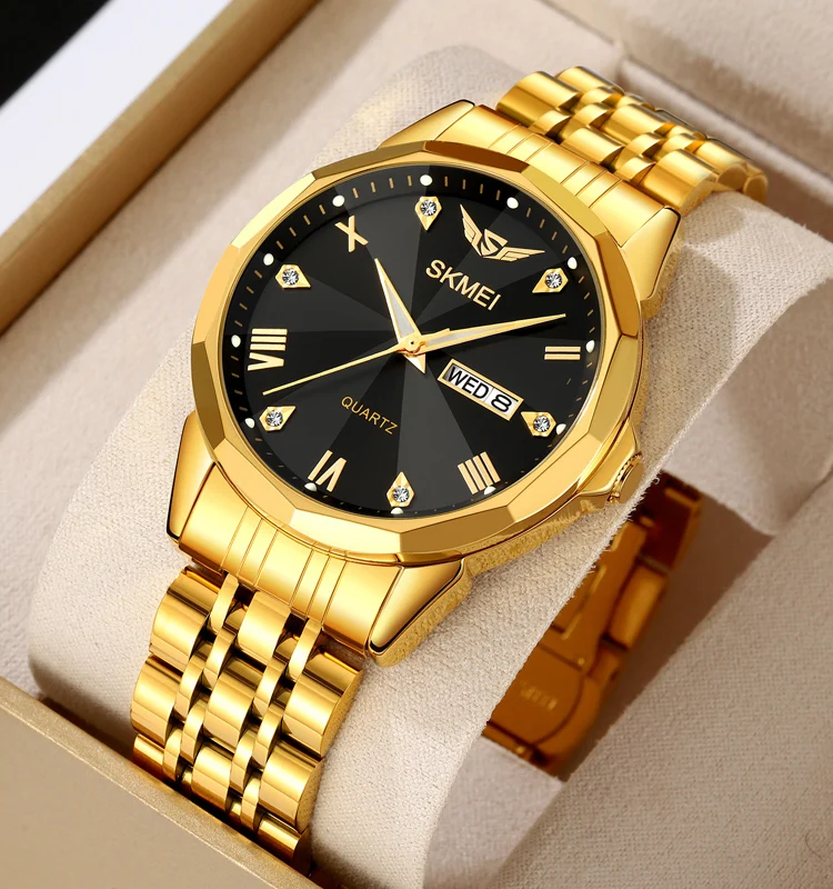 SKMEI 2291 luxury watches brand 42mm Yellow Gold Relojes Simple diamoud Dial quartz movement Watch For Men 3A Quality
