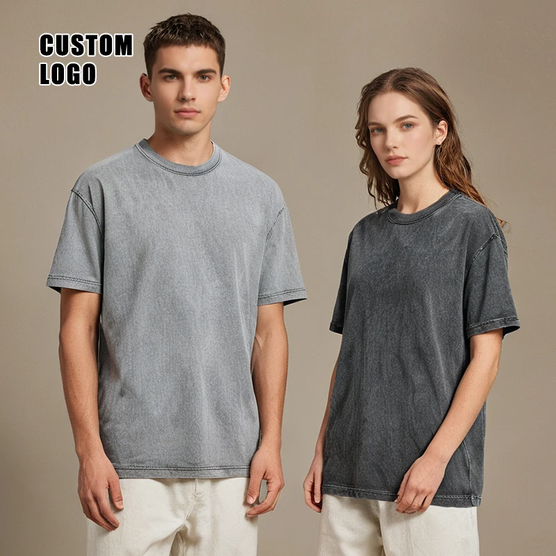 Custom Screen Print T Shirt Ripped 250 GSM Tee Full Double Layer Long Sleeve Cuff Stone Faded Acid Wash Boxy Cropped T Shirt Men