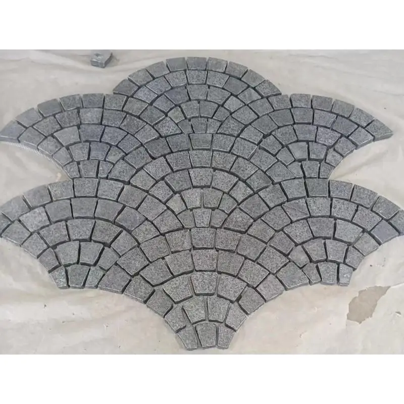 SHIHUI G654 Granite Fan Pattern Flamed Surface Split Edge Landscaping Paving Stone Pavers Patio Cobblestone Meshed Pavement Mats