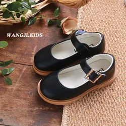 Детская обувь в британском стиле, осень 2021, детская кожаная обувь с мягкой подошвой и круглым носком, простая новая однотонная обувь для девочек