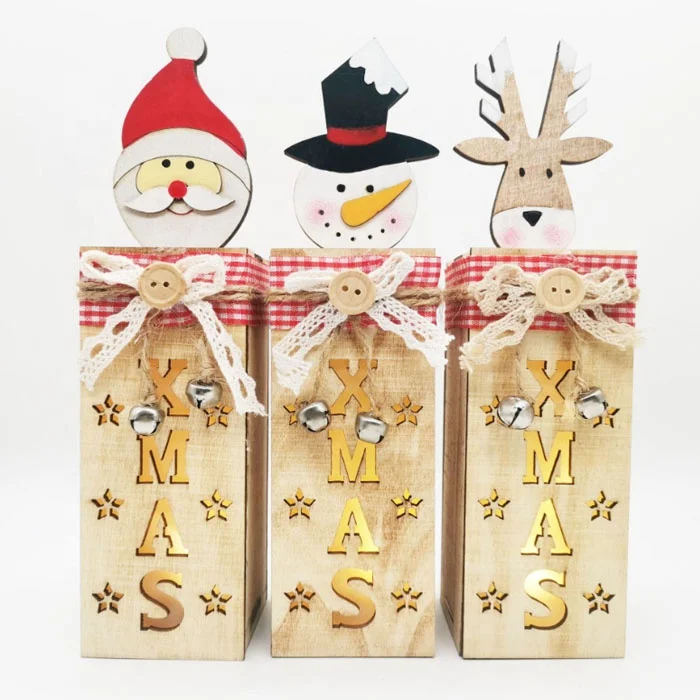 Hot Selling Wholesale Christmas LED Luminous Santa Snowman Elk Wooden Light Ornaments Gift Basket